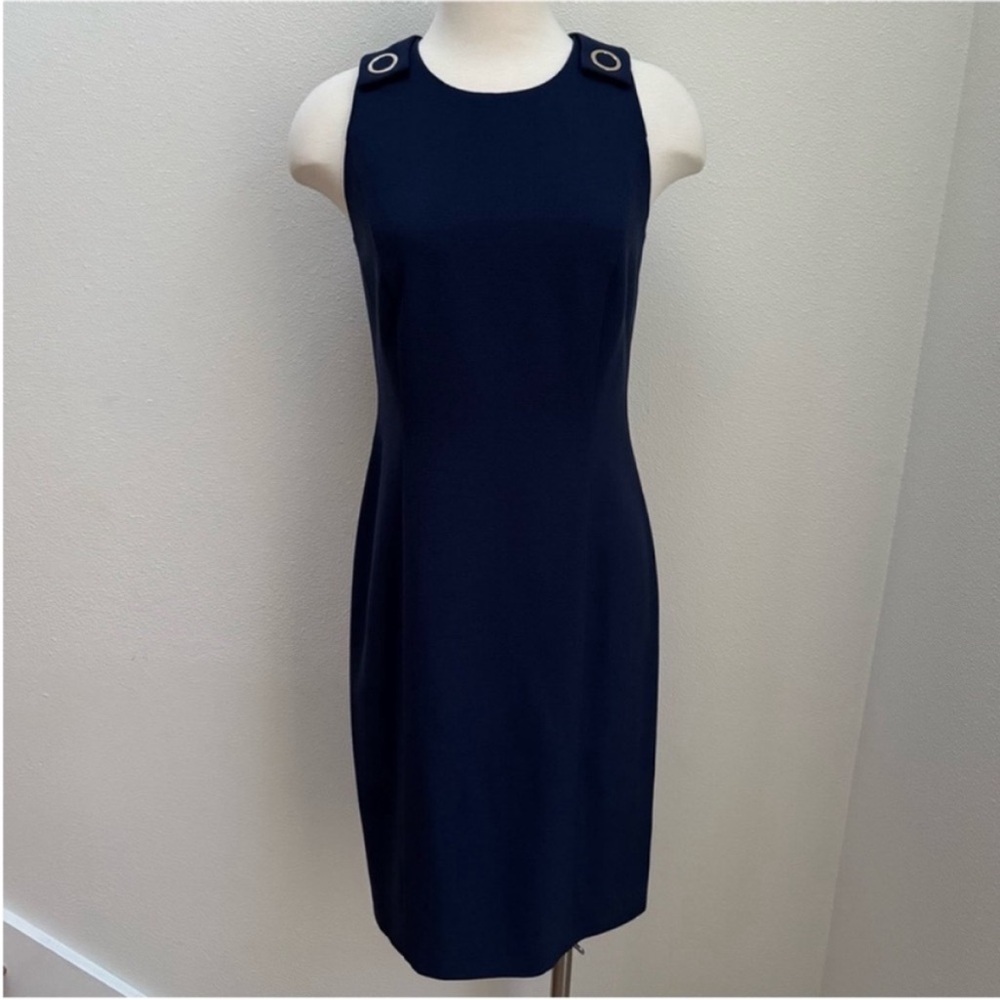 Boss Designer Midi Dress Sleeveless Sheath Workwear Tailor Wool Navy Blue Size 6